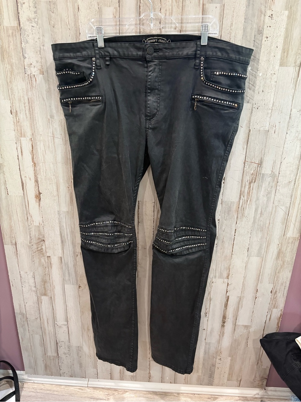 Robin’s Jean Studded Black Moto Pants Rhinestone Pocket Zipper Detail Size 44